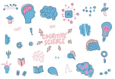 Cognitive science. Set of vector elements in flat style isolated on white bac Illustrazione stock