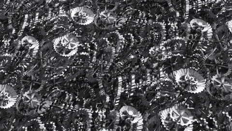 COGS and GEARS Flyover, SILVER. Fly over a pattern of technical silver Stock Footage 244853806