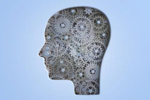 Cogs and gears inside human's head. Intelligence and psychology concept. 3D r Stock Photos
