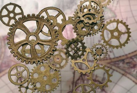 Cogs and gears with a map in the background. Steampunk concept. Stock Photos