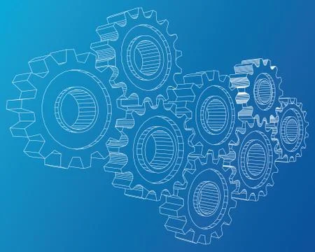 Cogs and Gears. Vector rendering of 3d. Wire-frame style Stock Illustration