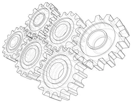 Cogs and Gears. Vector rendering of 3d. Wire-frame style Stock Illustration
