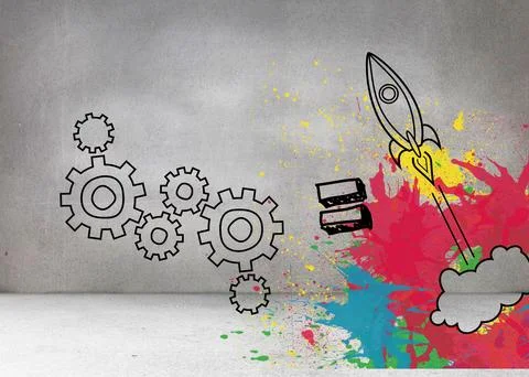 Cogs and rocket on grey wall Stock Illustration