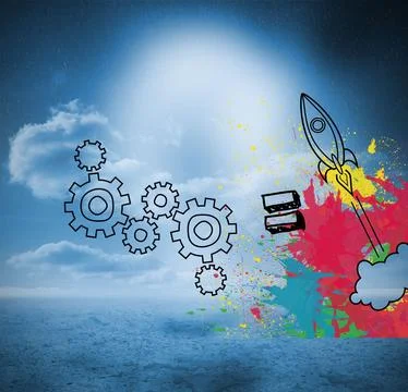 Cogs and rocket over blue countryside Stock Illustration