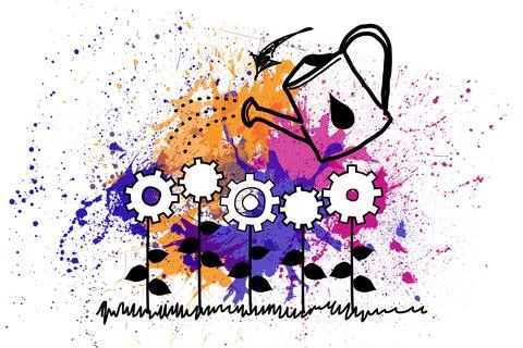 Cogs and watering can over splashes Иллюстрация