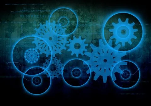 Cogs and wheels on black background Stock Illustration