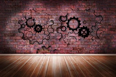 Cogs and wheels on brick wall Stock Illustration