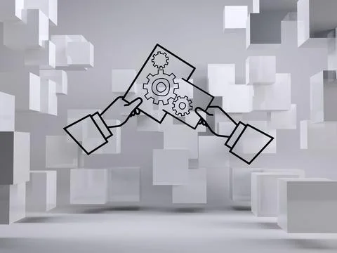 Cogs graphic in grey room with cubes Stock Illustration