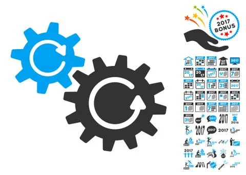 Cogs Rotation Icon With 2017 Year Bonus Pictograms Illustrazione stock