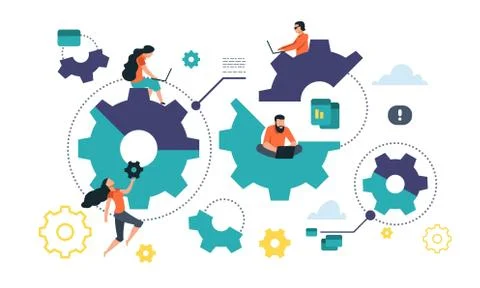 Cogwheel cooperation concept. Flat gear business mechanism, people management Ilustración de archivo