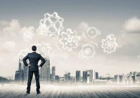 Cogwheel engine drawn on screen as symbol for teamwork and cooperation Bac... Foto stock