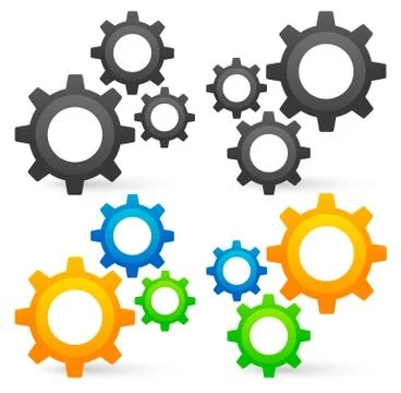Cogwheel graphics. 2 Composition, colored, uncolored versions. Stock-Illustration