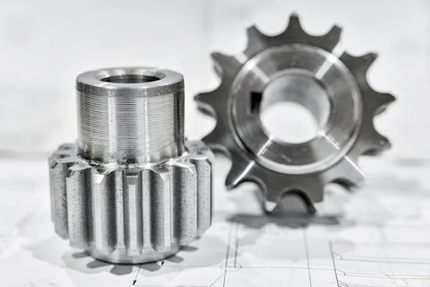 A cogwheel made on a gear cutting machine lies on the technical drawings. Stock Photos