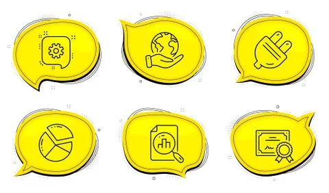 Cogwheel, Pie chart and Analytics graph icons set. Electric plug sign. Vector 库存插图