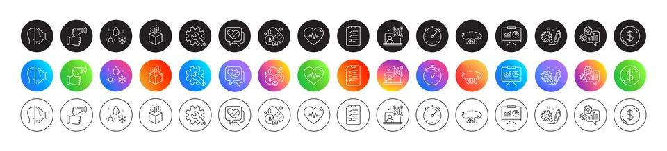 Cogwheel, Presentation and Interview line icons. For web app, printing. Round Illustration