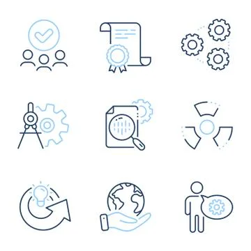 Cogwheel, Share idea and Seo stats icons set. Chemical hazard, Cogwheel dividers Stock Illustration