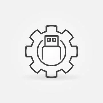 Cogwheel with USB Flash Drive vector concept linear icon Stock Illustration