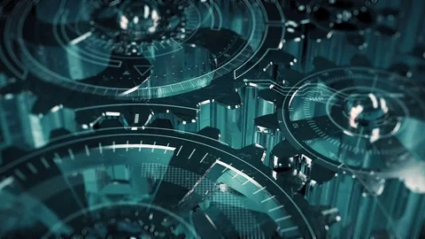 Cogwheels and HUD elements technological intro. Stock Footage 82642384