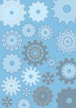 Cogwheels on blue background, techno design, gears in different size, white and Stock Illustration