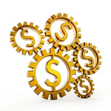 Cogwheels with dollar shape isolated on white background. 3D illustration Stock Illustration