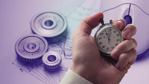 Cogwhees, sketch, a mouse and stopwatch in a hand Stock Footage 235154656
