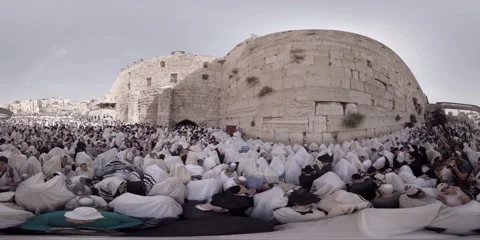 Cohanim raise their hands during Priestly Blessing at the Western Wall 360 video Stock Footage 63838948