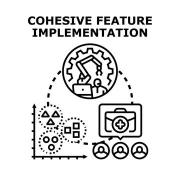 Cohesive feature implementation process with teamwork and analysis Stock Illustration