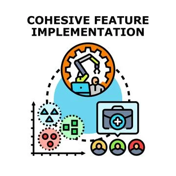 Cohesive feature implementation process with teamwork and analysis Stock Illustration