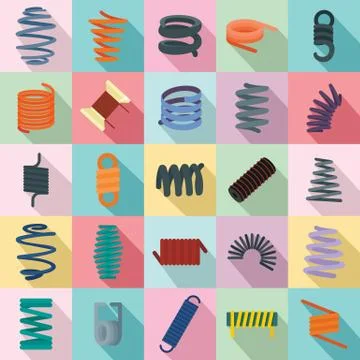 Coil spring cable icons set, flat style Stock Illustration