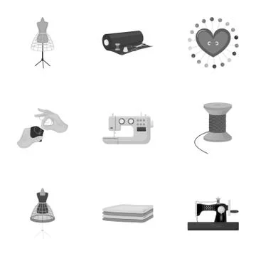 Coil with thread, sewing machine, fabric and other equipment. Sewing and Illustrazione stock