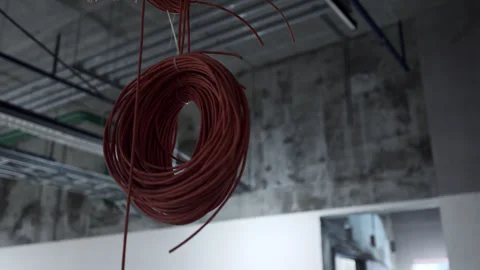 Coiled carbon heating cable hangs beneath ceiling in technical room Stock Footage 330236661