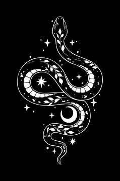 Coiled celestial snake with leaves, moon, and stars Stock Illustration