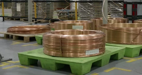 Coiled Copper Pipe in Large Workshop of Refrigerator Factory Stock Footage 265653241