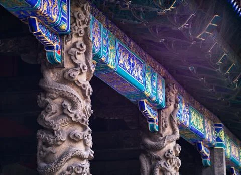 Coiled dragon pillars in front of Dacheng Hall, Temple of Confucius in Qufu,  Stock Photos