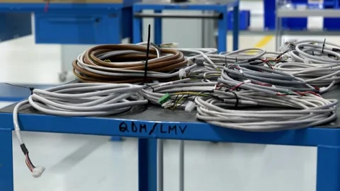 Coiled electrical cables and wiring harnesses on a workshop workbench Stock Footage 328644940
