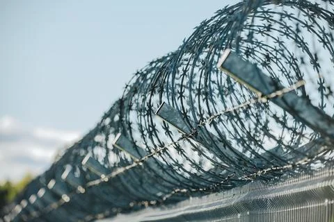 Coiled razor wire security barrier with sharp metal blades against a pale b.. Stock Photos