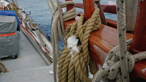 Coiled Ropes on Tall Ship Deck with Snow Stock Footage 335078856