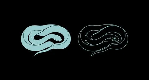 Coiled snake graphic symbol in solid color and outline style with line art Stock Illustration