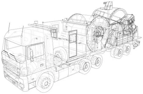 Coiled tubing machine technical wire-frame. EPS10 format. Vector created of 3d Illustrazione stock
