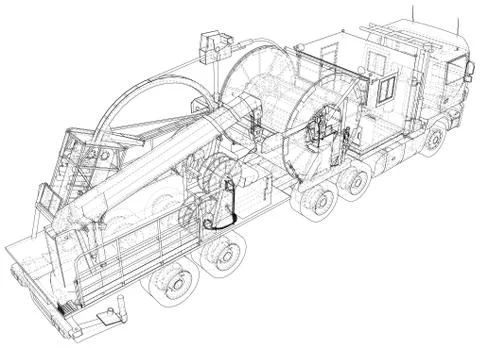 Coiled tubing machine technical wire-frame. EPS10 format. Vector created of 3d Illustrazione stock