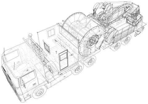 Coiled tubing machine technical wire-frame. EPS10 format. Vector created of 3d Illustrazione stock
