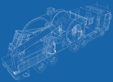 Coiled tubing machine technical wire-frame. EPS10 format. Vector created of 3d Illustrazione stock