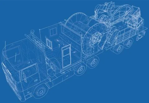 Coiled tubing machine technical wire-frame. EPS10 format. Vector created of 3d Stock Illustration