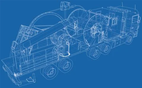 Coiled tubing machine technical wire-frame. EPS10 format. Vector created of 3d Illustrazione stock