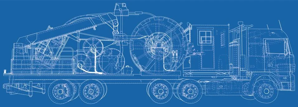 Coiled tubing machine technical wire-frame. EPS10 format. Vector created of 3d Illustrazione stock