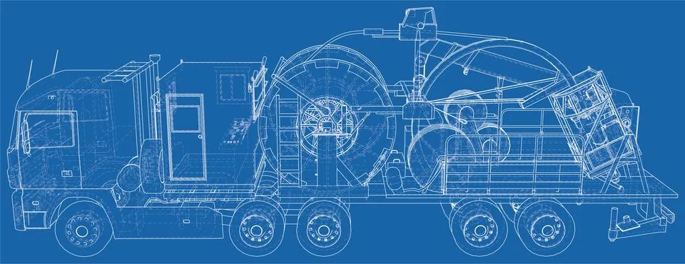 Coiled tubing machine technical wire-frame. EPS10 format. Vector created of 3d Illustrazione stock