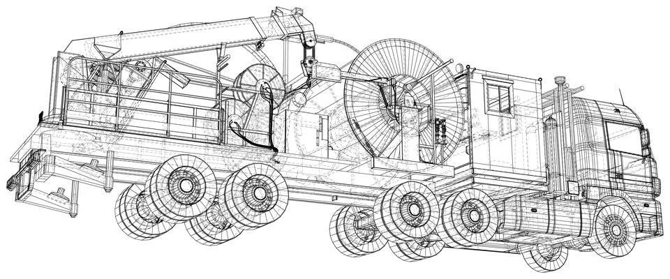 Coiled tubing machine technical wire-frame. EPS10 format. Vector created of 3d Illustrazione stock
