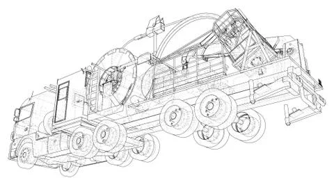 Coiled tubing unit machine. The layers of visible and invisible lines are Illustrazione stock