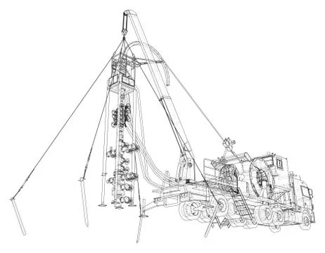 Coiled tubing unit machine. The layers of visible and invisible lines are Illustrazione stock
