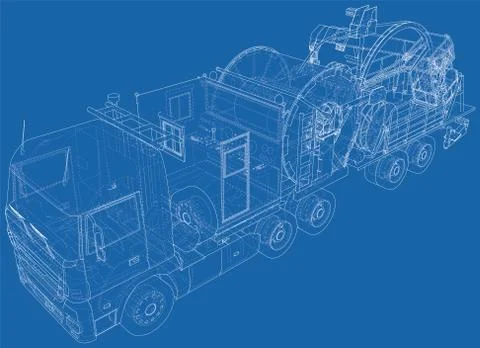 Coiled tubing unit machine. The layers of visible and invisible lines are Illustrazione stock